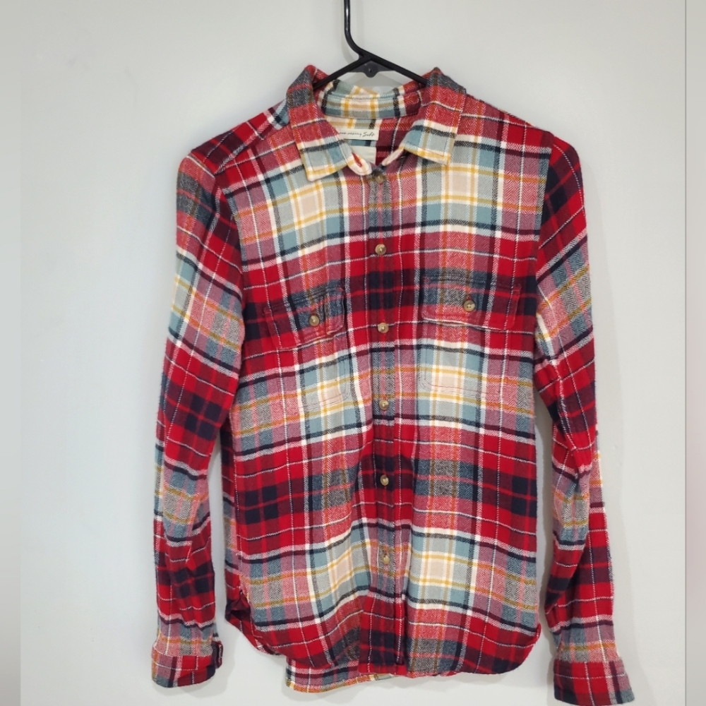 American Eagle AEO Plaid Flannel Shirt Ahh-mazingly Soft Red Blue White sz xs